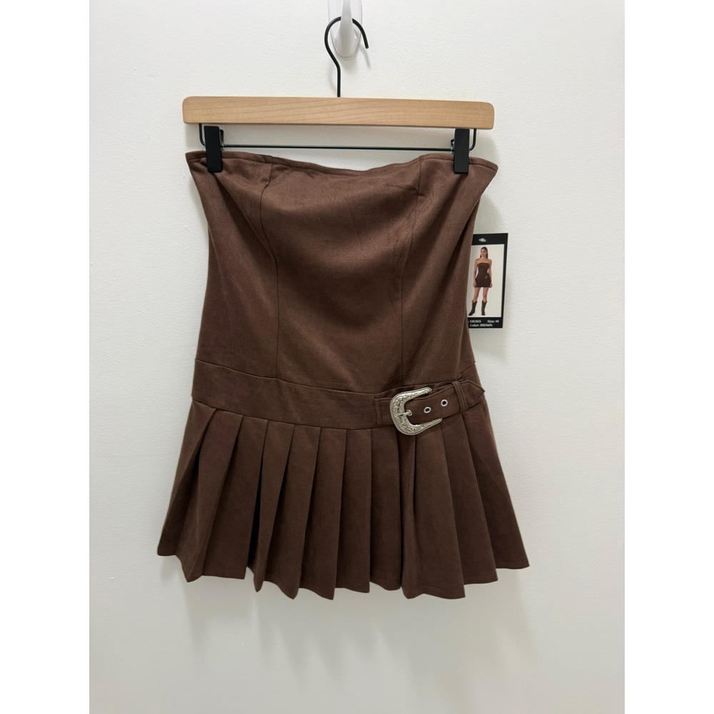 Princess Moda Brown Faux Suede Pleated Strapless Mini Dress Western Belted